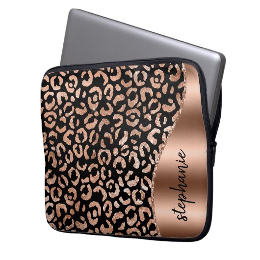 Personalisierter Leopard Spots Rose Gold Schwarz Laptopschutzhülle (Vorderseite Links)