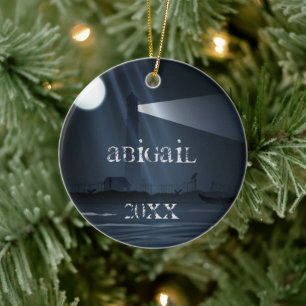 Personalisierter Leuchtturm in der Nacht Keramikornament