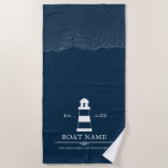 Personalisierter Leuchtturm Schiff Nautical Blue Strandtuch<br><div class="desc">Nautic Personalisiert Leuchtturm Boat Name Design. Entsprechende Produkte finden Sie in der Leuchtturmsammlung von Nautical Boat. Wenn Sie Fragen haben,  können Sie mich gerne kontaktieren.</div>