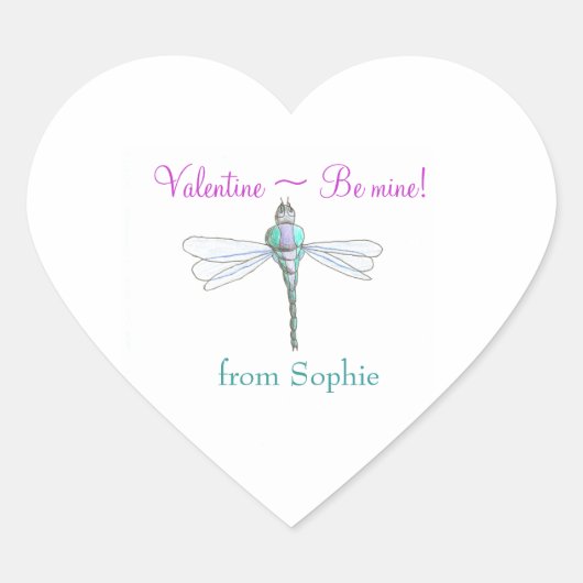 Personalisierter Libellen-Valentinsticker Herz-Aufkleber (Vorderseite)
