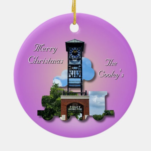 Personalisierter (Lila) Foley Clock Tower & Train Keramik Ornament (Hinten)