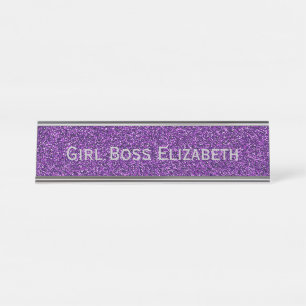 Personalisierter Lila Glitzer Silver Girl Boss Fun Schreibtischnamensplakette