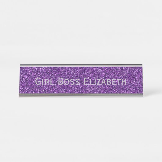 Personalisierter Lila Glitzer Silver Girl Boss Fun Schreibtischnamensplakette (Vorderseite )