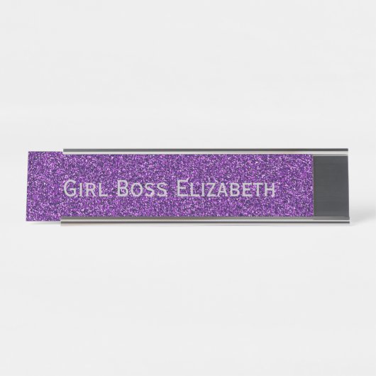 Personalisierter Lila Glitzer Silver Girl Boss Fun Schreibtischnamensplakette (Vorderseite )