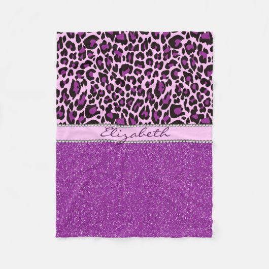 Personalisierter lila Leopard-Druck-Glitzer Fleecedecke (Vorderseite)