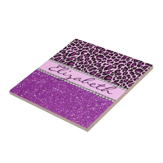 Personalisierter lila Leopard-Druck-Glitzer Fliese (Seite)