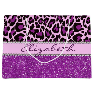 Personalisierter lila Leopard-Druck-Glitzer Große Geschenktüte