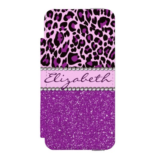 Personalisierter lila Leopard-Druck-Glitzer Incipio iPhone Geldbeutel-Hülle (Folio Vorderseite)