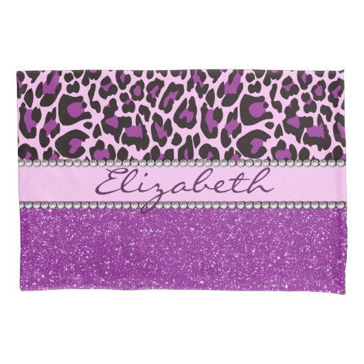 Personalisierter lila Leopard-Druck-Glitzer Kissenbezug (Vorderseite)