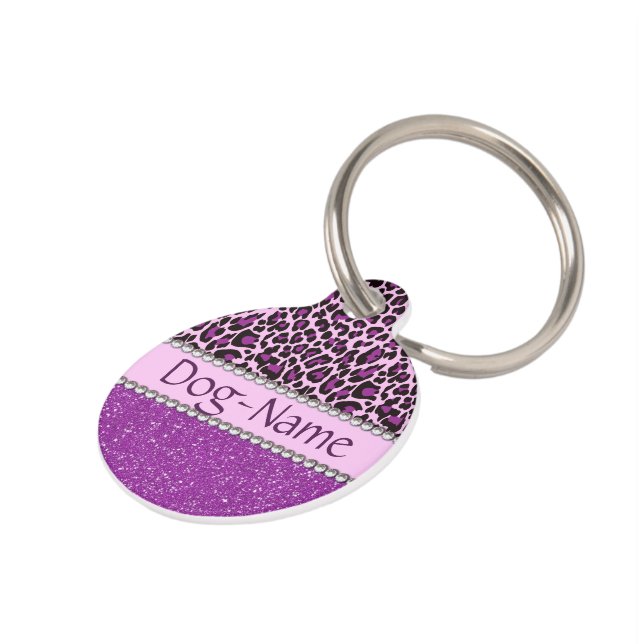 Personalisierter lila Leopard-Druck-Glitzer Tiernamensmarke (Seite)
