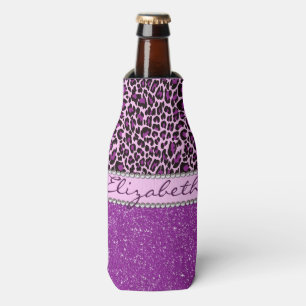 Personalisierter Lila Leopard-Glitzer Flaschenkühler
