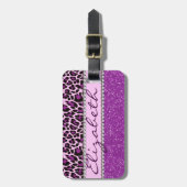 Personalisierter lila Leopard und Glitzer Gepäckanhänger (Vorderseite vertikal)