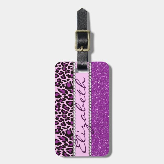 Personalisierter lila Leopard und Glitzer Gepäckanhänger (Vorderseite vertikal)