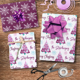 Personalisierter Lila Mauve Frohe Weihnachtsbaum Geschenkpapier Set