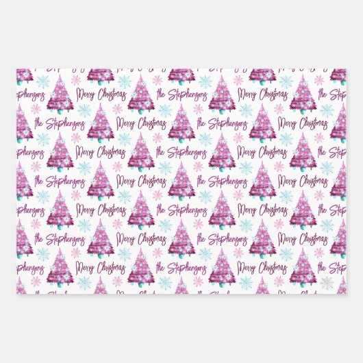 Personalisierter Lila Mauve Frohe Weihnachtsbaum Geschenkpapier Set (Vorderseite)