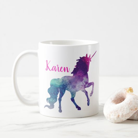 Personalisierter lila und blauer magischer Unicorn Kaffeetasse (Mit Donut)