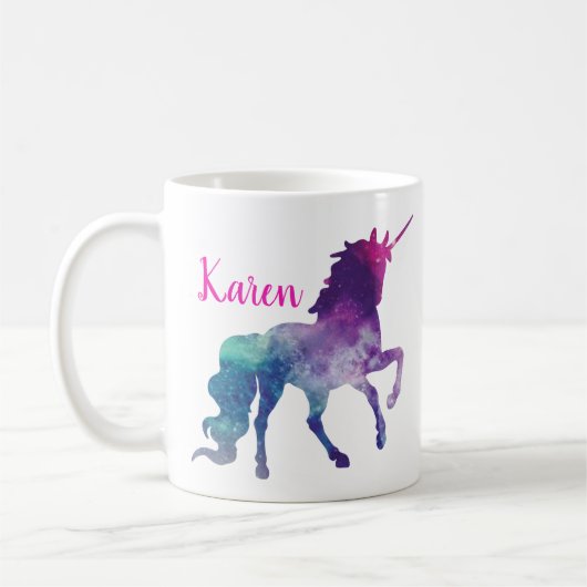 Personalisierter lila und blauer magischer Unicorn Kaffeetasse (Links)