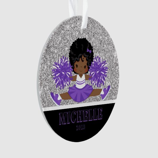 Personalisierter Lila und schwarzer Cheerleader Ornament (Vorderseite)