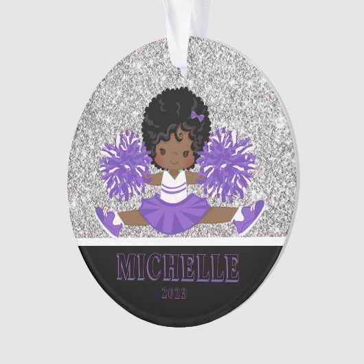 Personalisierter Lila und schwarzer Cheerleader Ornament (Vorderseite)