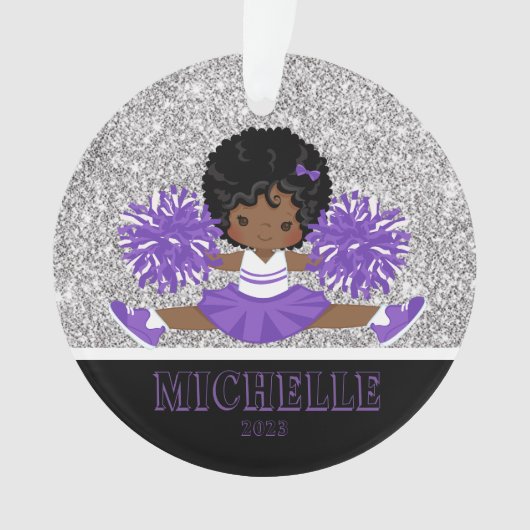 Personalisierter Lila und schwarzer Cheerleader Ornament (Vorderseite)