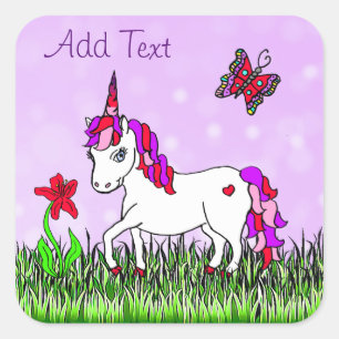 Personalisierter lila Unicorn, Blumen und Quadratischer Aufkleber