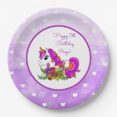 Personalisierter Lila Unicorn Happy Birthday Pappteller (Vorderseite)