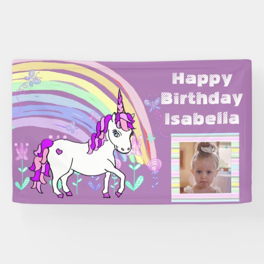 Personalisierter Lila Unicorn Regenbogen Geburtsta Banner (Horizontal)
