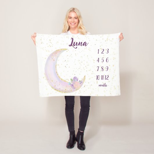 Personalisierter Luna-Mond und Sterne Monatsmeilen Fleecedecke (Beispiel)