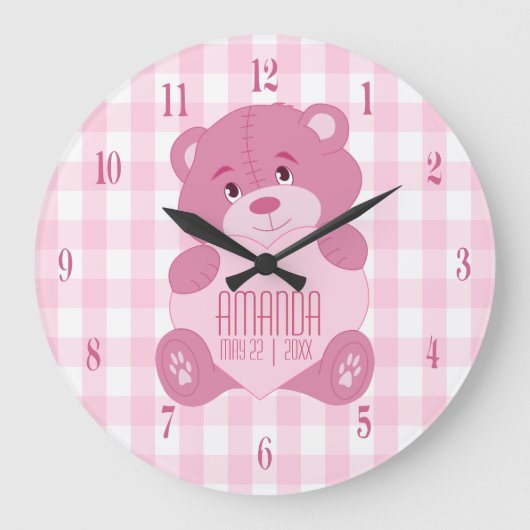 Personalisierter mädchenhafter Teddybär mit Namen  Große Wanduhr (Vorderseite)