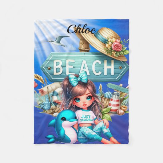 Personalisierter Mädchenname mit Strandzeichen Fleecedecke (Vorderseite)