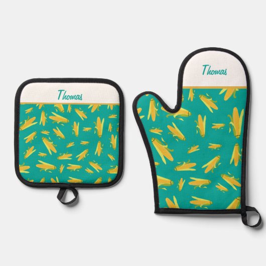 Personalisierter Mais auf der Cob-Muster-Schürze Ofenhandschuh & Topflappen-Set (Vorderseite)