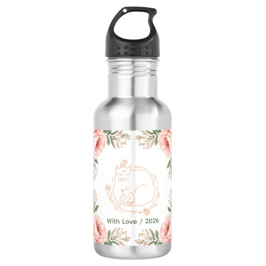 Personalisierter Mama-Katze- und Kätzchen-Blumen-M Edelstahlflasche (Vorderseite)