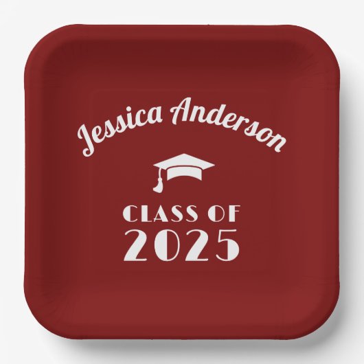 Personalisierter Maroon und weißer Abschluss Pappteller (Vorderseite)
