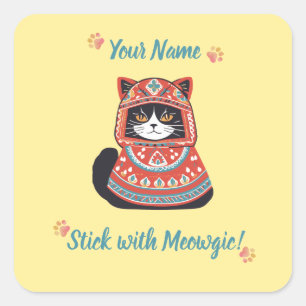Personalisierter Meowgic-Katzenaufkleber als Gesch Quadratischer Aufkleber
