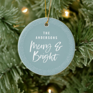 Personalisierter Merry & Bright Familienname Keramik Ornament