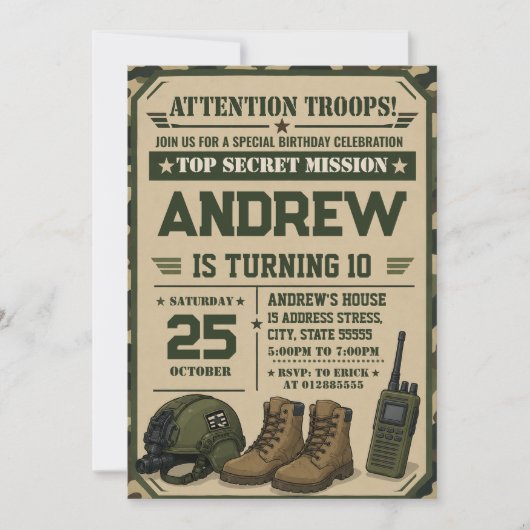 Personalisierter Militär-Armee-Geburtstag Einladung (Vorderseite)