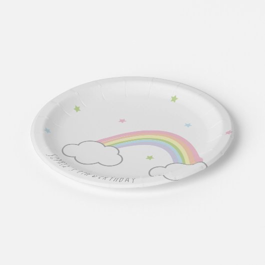 Personalisierter Minimalistischer Regenbogen Gebur Pappteller (Schrägansicht)