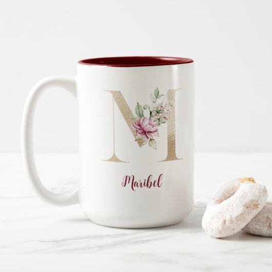 Personalisierter Mit Monogramm Goldbrief M PInk Fl Zweifarbige Tasse (Mit Donut)