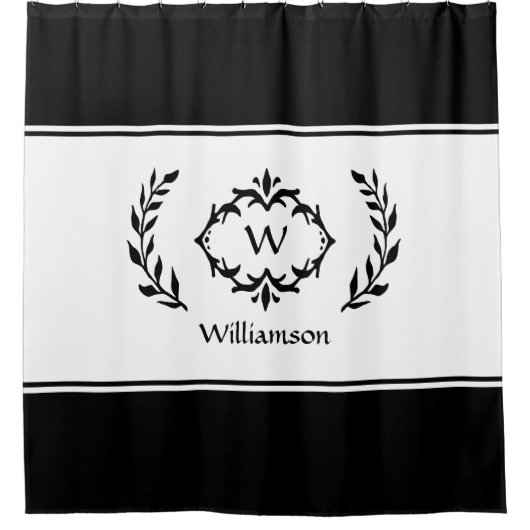Personalisierter Mit Monogramm Name Schwarz-weiß Duschvorhang (Vorderseite)