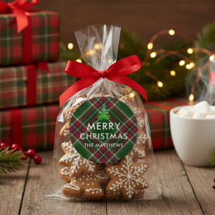 Personalisierter moderner Karo-Weihnachtsbaum-Name Runder Aufkleber