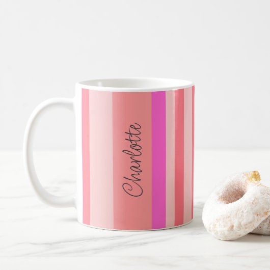 Personalisierter, moderner rosafarbener Streifen Kaffeetasse (Mit Donut)