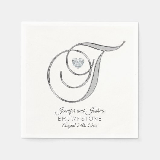 Personalisierter Monogram Letter T Silver Wedding Serviette (Vorderseite)
