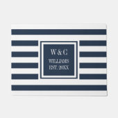 Personalisierter Monogram Navy Blue White Strip Fußmatte (Vorderseite)