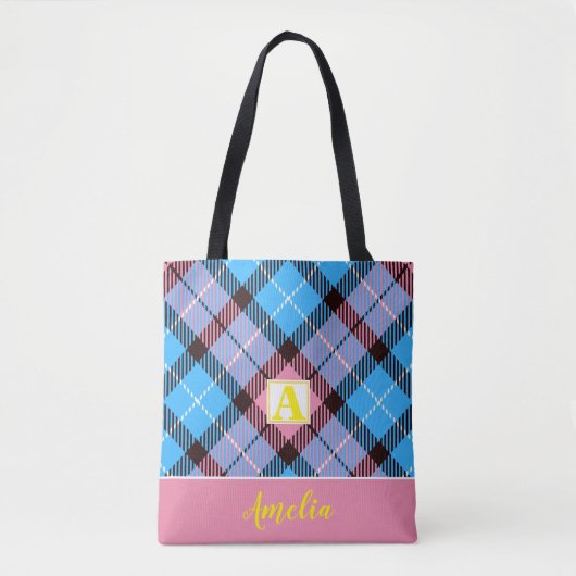 Personalisierter Monogram Script Name blue Tartan Tasche (Vorderseite)