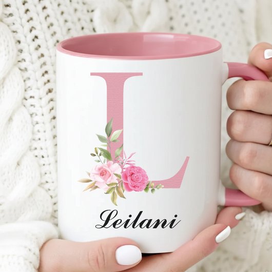 Personalisierter Monogramm-Becher mit rosa Rosen a Tasse