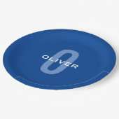 Personalisierter Monogramm blauer Name Pappteller (Schrägansicht)