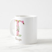 Personalisierter Monogramm-Blumenbuchstabe T Kaffeetasse (Vorderseite Links)