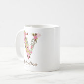 Personalisierter Monogramm-Blumenbuchstabe V Kaffeetasse (Vorderseite Links)