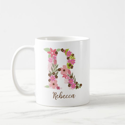 Personalisierter Monogramm Floral Letter R Kaffeetasse (Links)