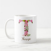Personalisierter Monogramm floraler Letter T Kaffeetasse (Links)